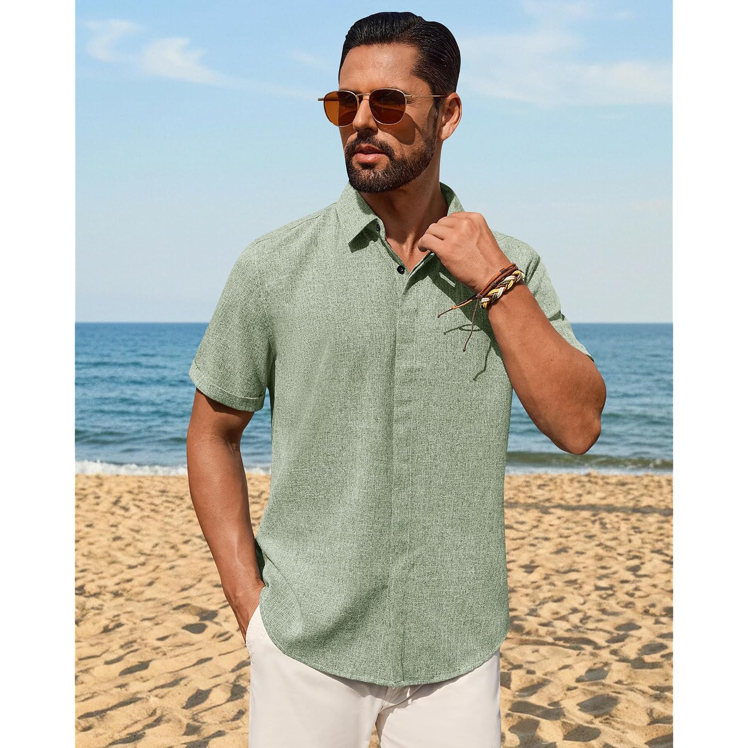 Mens Linen Shirt Short Sleeve Button Down Shirt Summer Casual Beach Tops | Lightweight Breathable, Shrink-Resistant, Linen Texture, Relaxed Fit Button Up, For Vacation Wedding Work Office Date Daily