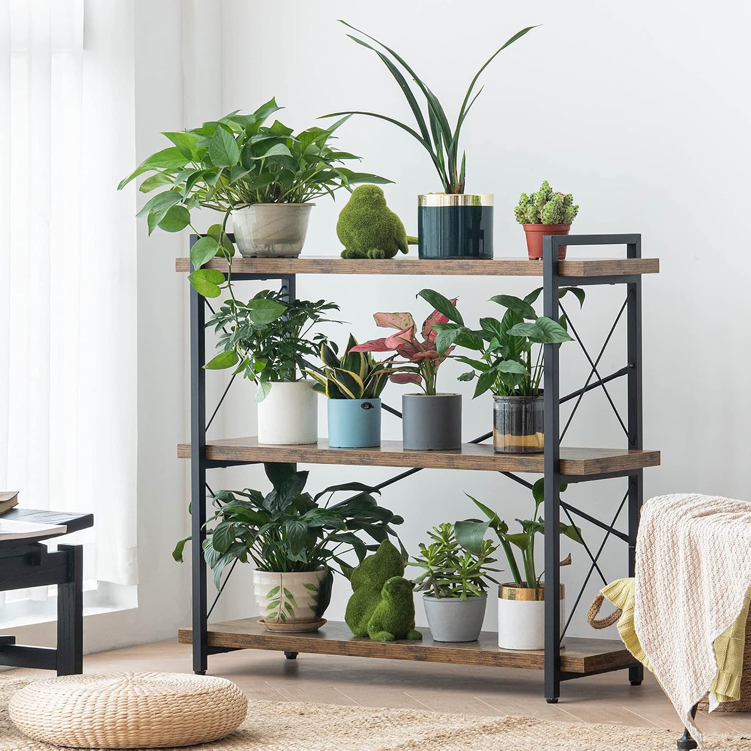 Hchqhs 3-Tier Industrial Bookshelf, 35" W X 12" D X 35" H | 1.2" Shelf Thickness, 14.17" Shelf Height, Wood And Metal, Horizontal, Rustic Brown, For Office Living Room Bedroom
