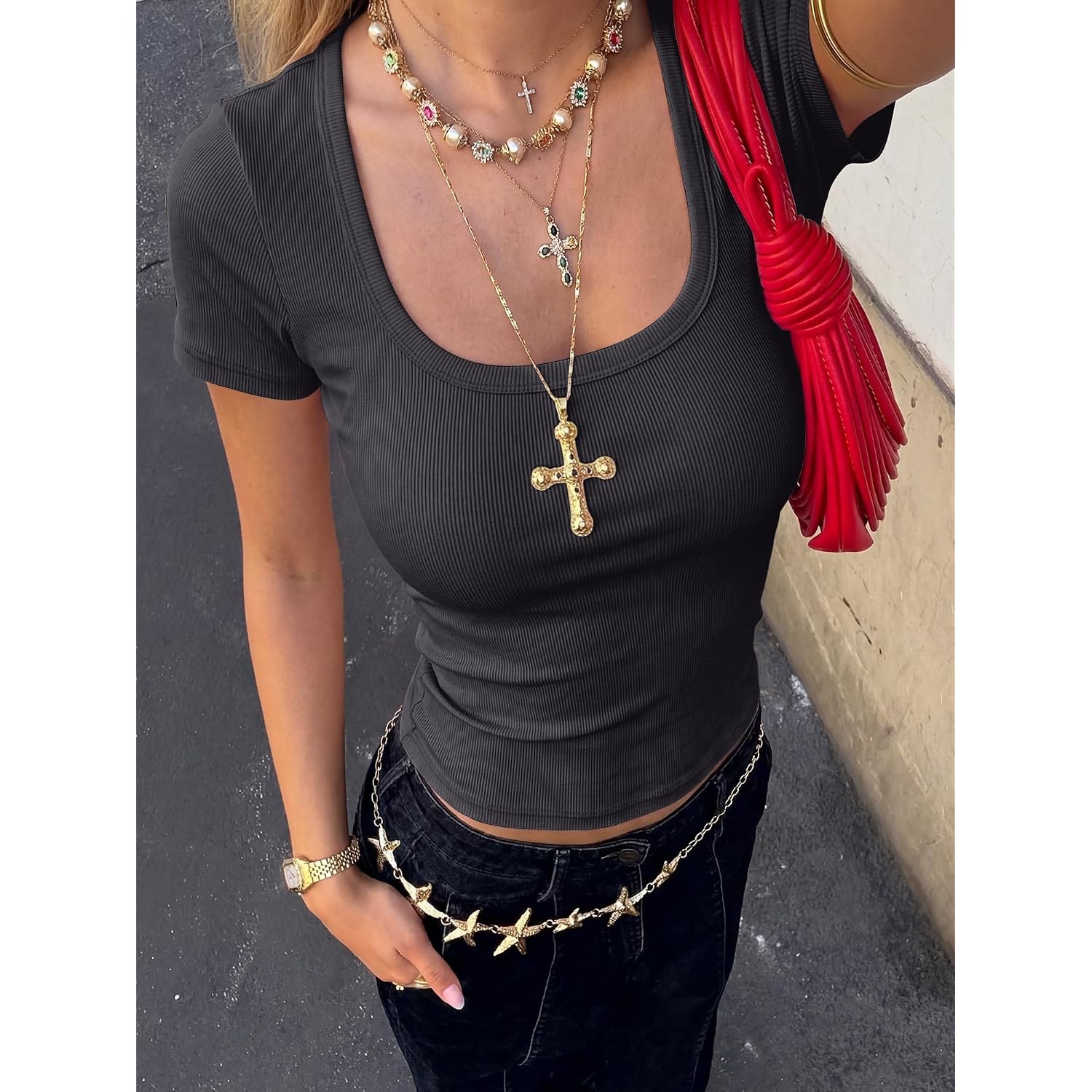 Anrabess Women Short Sleeve Tops Scoop Neck Ribbed Knit Slim Fitted Basic Tee Shirt Casual Summer Clothes 2026 Spring Outfits