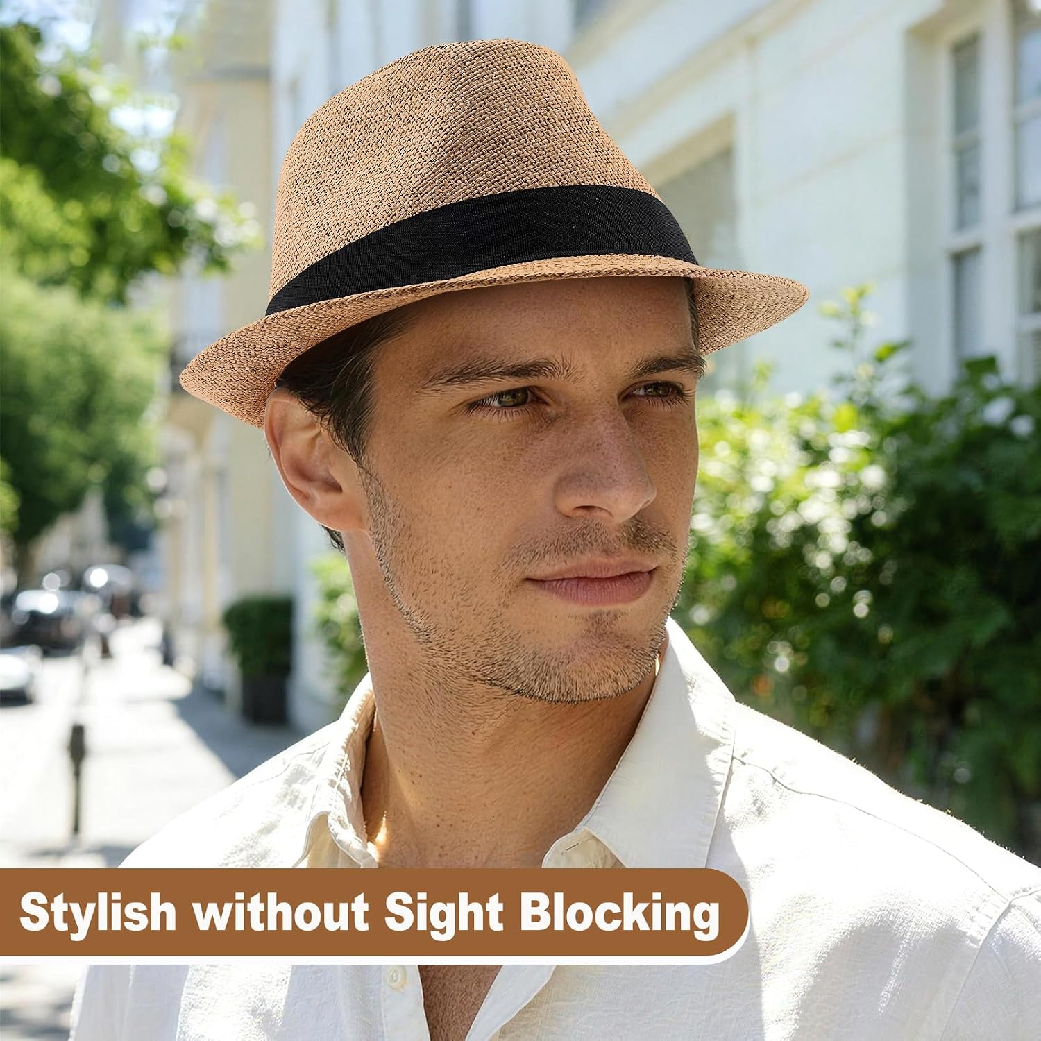 Straw Fedora Hats For Men Women, 1920S Short Brim Trilby Panama Hat Summer Beach Sun Cap