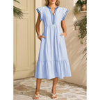 Dokotoo Womens Dresses 2026 Summer V-Neck Ruffle Cap Sleeve Empire Waist Flowy Striped Beach Midi Maxi Dress With Pockets