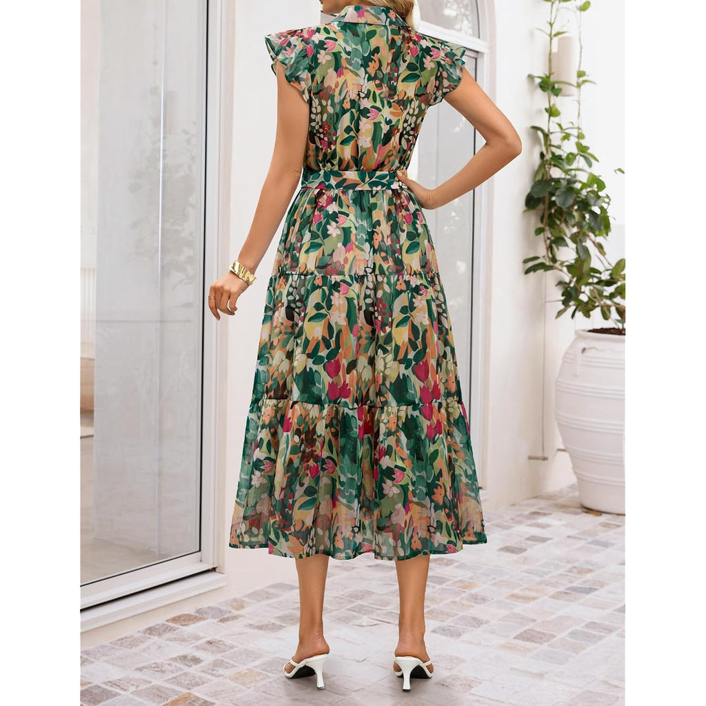 Zesica Women'S Summer Floral Midi Dress 2026 Casual Flutter Short Sleeve Chiffon Button Down Wedding Guest Party Dresses