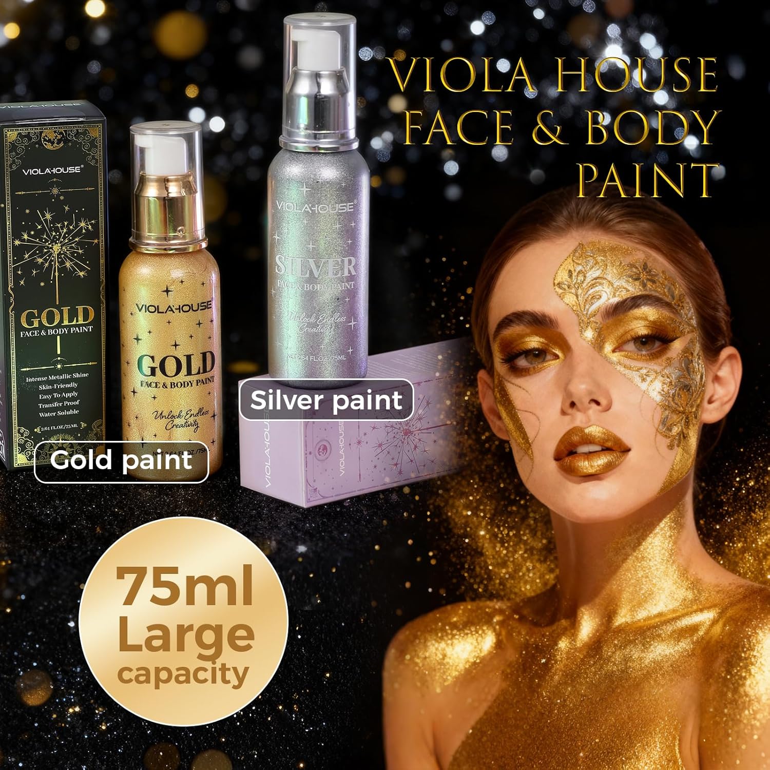 viola house Silver Face Body Paint, Washable, Long-Lasting Highly Pigmented, Water Based Full Body Paint, for Halloween Carnival Stage SFX Special Effects Cosplay Makeup 2.64Fl.Oz/75 Ml (Silver)