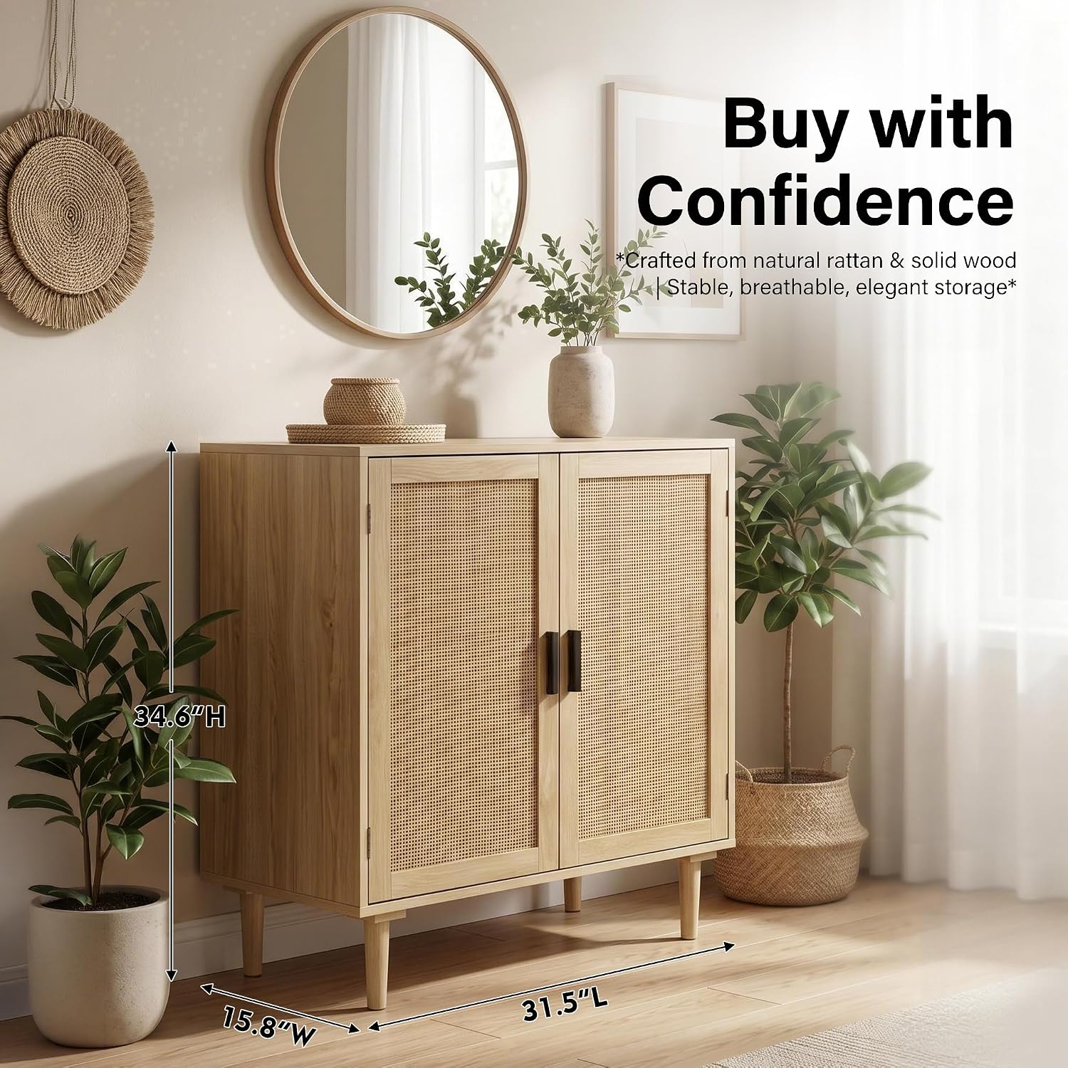 Finnhomy Sideboard Buffet Cabinet, Kitchen Storage Sideboard With Rattan Decorated Doors, Liquor Coffee Buffet, Dining Room, Hallway, Console Table, Accent Cabinet, 31.5X 15.8X 34.6 Inches, Natural