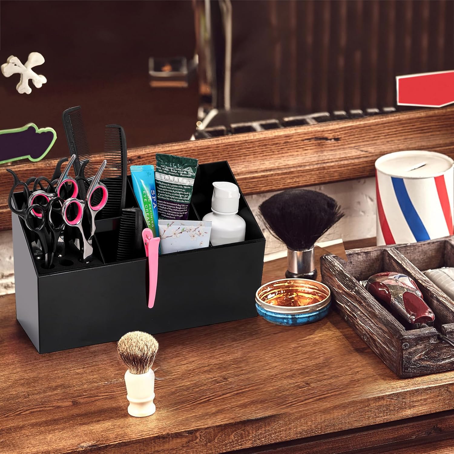 Hair Scissors Large Storage Box, Hair Salon Supplies Accessories Tool Station Desk Organizer Case, Salon Shear Holder, Professional Hairdressing Combs, Clips, Brushes Storage Racks Tool Box