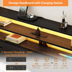 Full Size Bed Frame With Headboard & 2 Fabric Drawers, Full Platform Bed Featuring Led Lights, Built-In Charging Station & Storage Shelves, Metal Slats, No Box Spring Needed – Black Oak