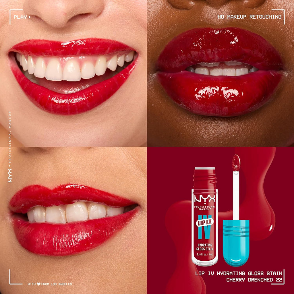 NYX PROFESSIONAL MAKEUP Lip IV Hydrating Glossy Lip Stain, Long-Lasting, Tinted, Vegan Formula with 12 HR Hydration - Cherry Drenched (Red)