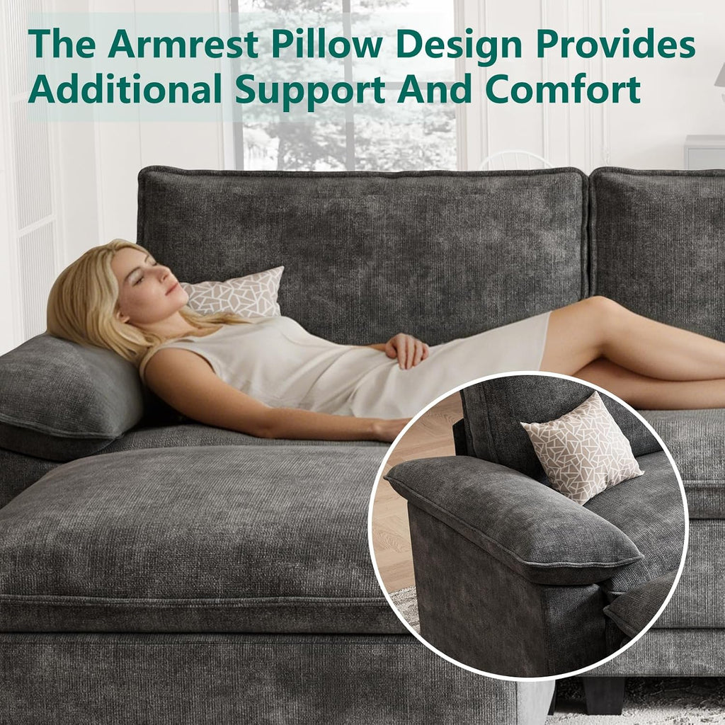 L Shaped Modular Sectional Couches For Living Room, Cloud Couch Sofa With Movable Ottoman, Comfy Chenille Couch, Seats 4, Dark Gray