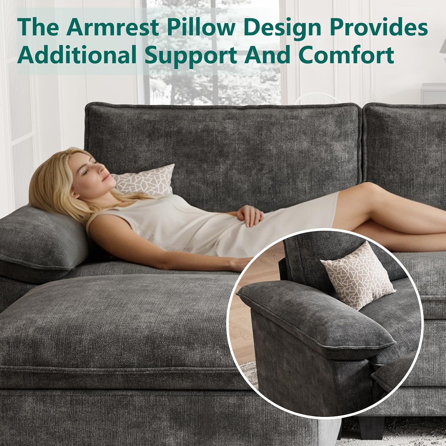 L Shaped Modular Sectional Couches For Living Room, Cloud Couch Sofa With Movable Ottoman, Comfy Chenille Couch, Seats 4, Dark Gray