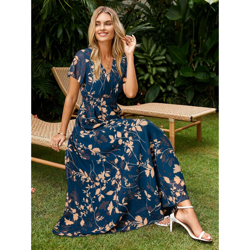 Simplee Womens Floral Maxi Dress - Short Sleeve Summer Boho Wedding Guest Dress Empire Waist Chiffon Modest Midi Dresses