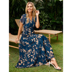 Simplee Womens Floral Maxi Dress - Short Sleeve Summer Boho Wedding Guest Dress Empire Waist Chiffon Modest Midi Dresses