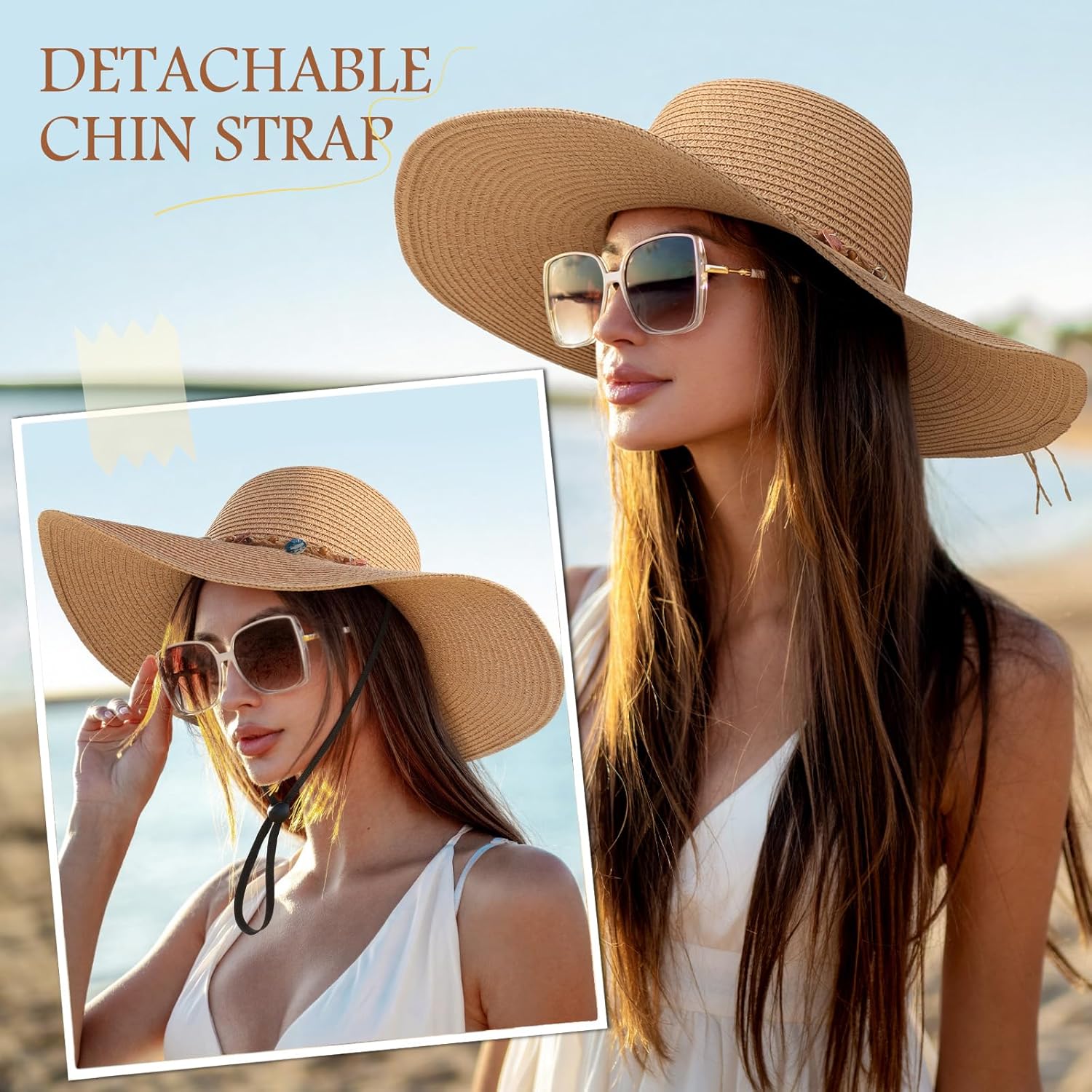 Trifabricy Beach Sun Straw Hats for Women, Wide Brim Womens Sun Hat UPF UV Protection, Foldable Packable Summer Hats Roll Up