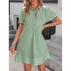 Wenrine Womens Summer Striped Mini Dresses Puff Short Sleeve Loose Fit Casual Button Collared Shirt Dress With Pockets