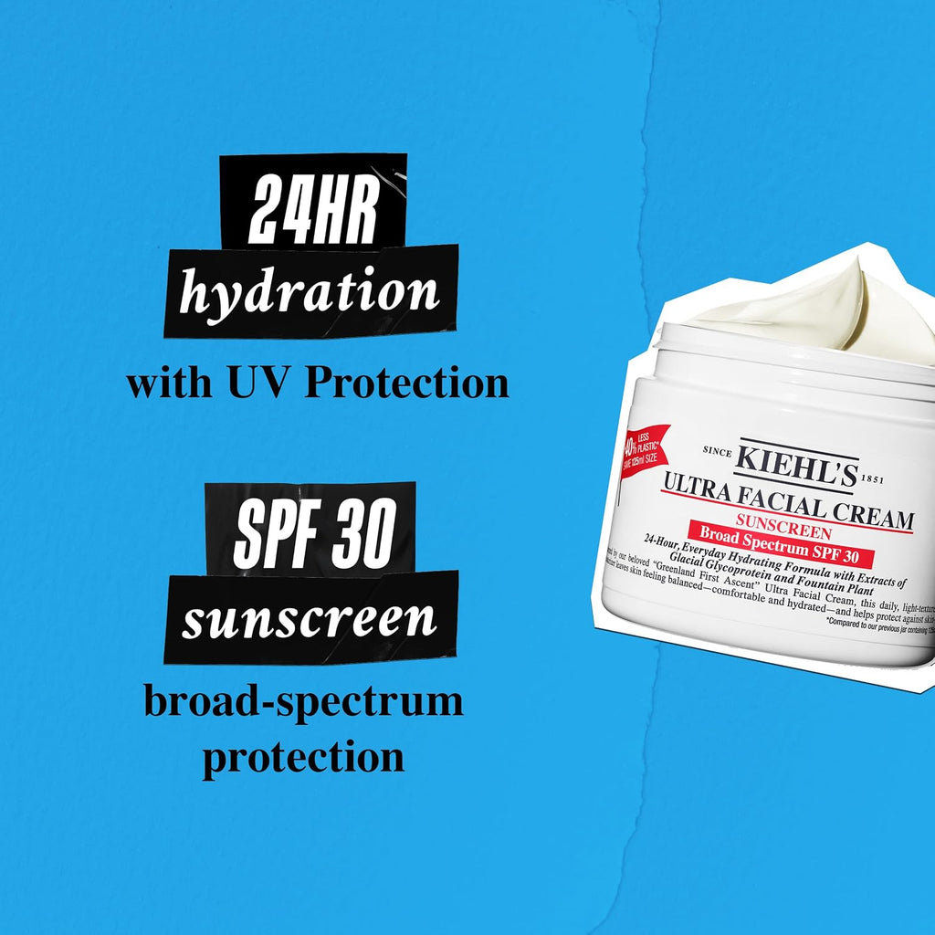 Kiehl'S Ultra Facial Cream With Spf 30, Lightweight Daily Face Moisturizer For All Skin Types, 24-Hour Hydration, Uv Sunscreen Protection, Non-Greasy, Absorbs Quickly, With Glacial Glycoprotein