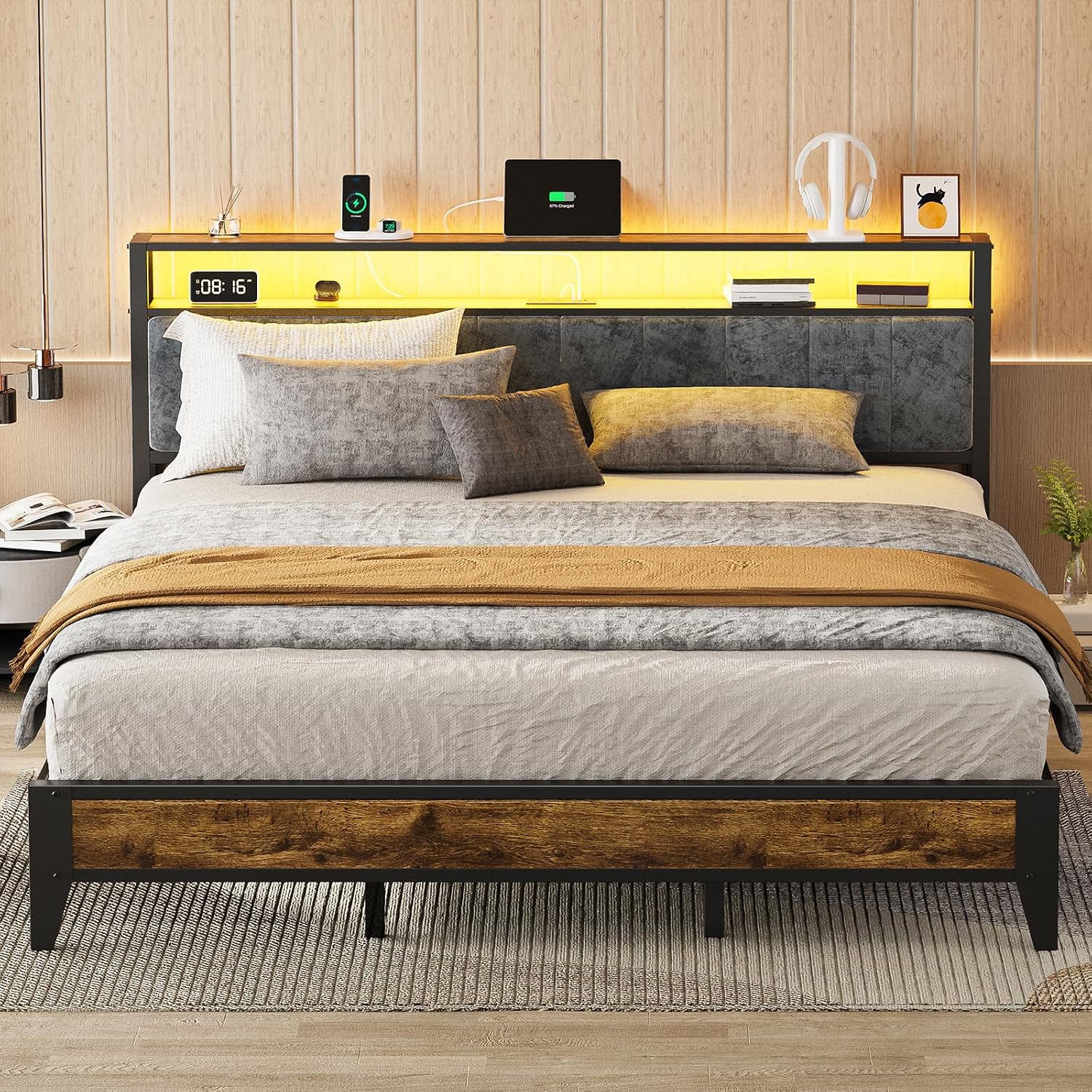 Olevs King Bed Frame With Headboard, Metal Platform Bed King Size With 2-Tier Storage, Led Light & Charging Station Type C, No Box Spring Needed, Easy Assembly