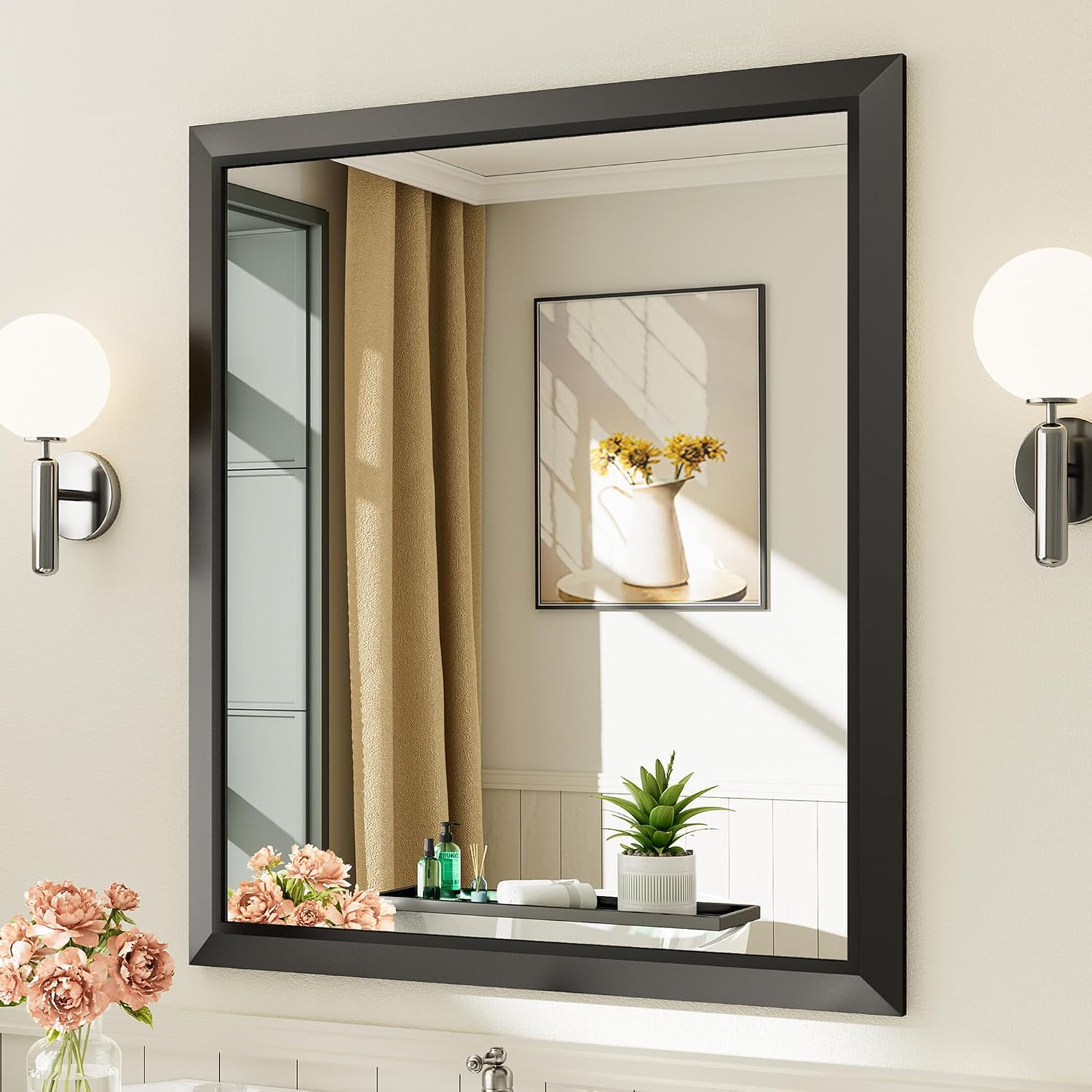 36X32 Inch Black Bathroom Mirror For Wall, Thick Metal Framed Rectangle Mirrors For Over Sink, Bedroom, Living Room, Entryway, Anti-Rust, Hd Tempered Glass
