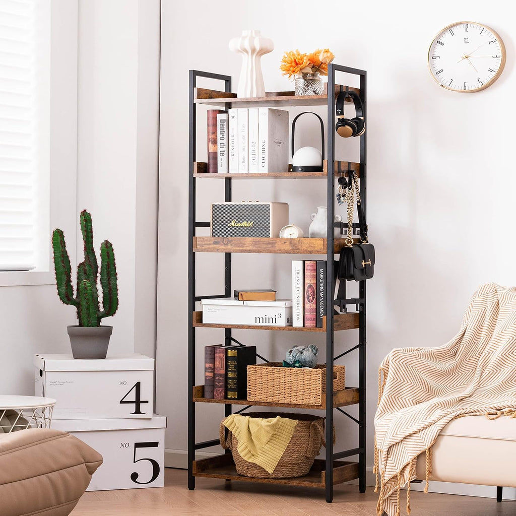 Hchqhs Adjustable 6 Tier Open Bookcase, Rustic Farmhouse Book Shelves, Industrial Wood And Black Metal Bookshelves, Mid Century Bookcase For Home Office Living Room Bedroom