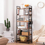 Hchqhs Adjustable 6 Tier Open Bookcase, Rustic Farmhouse Book Shelves, Industrial Wood And Black Metal Bookshelves, Mid Century Bookcase For Home Office Living Room Bedroom