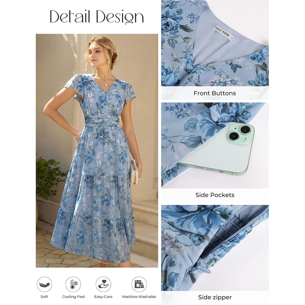 Grace Karin 2026 Women Summer Dress,Maxi Short Sleeve Floral Dresses,Semi Formal Flowy Wedding Guest Dress With Pocket