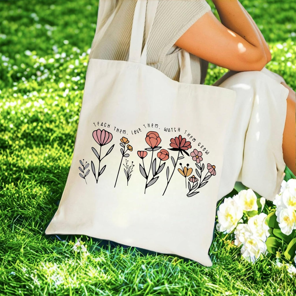 Pavolini Teacher Appreciation Gifts, Flower Printed Canvas Tote Bag, Teacher Gifts, Thank you Gift, Sturdy Cotton Shoulder Bag for Women End of Year Idea Gift