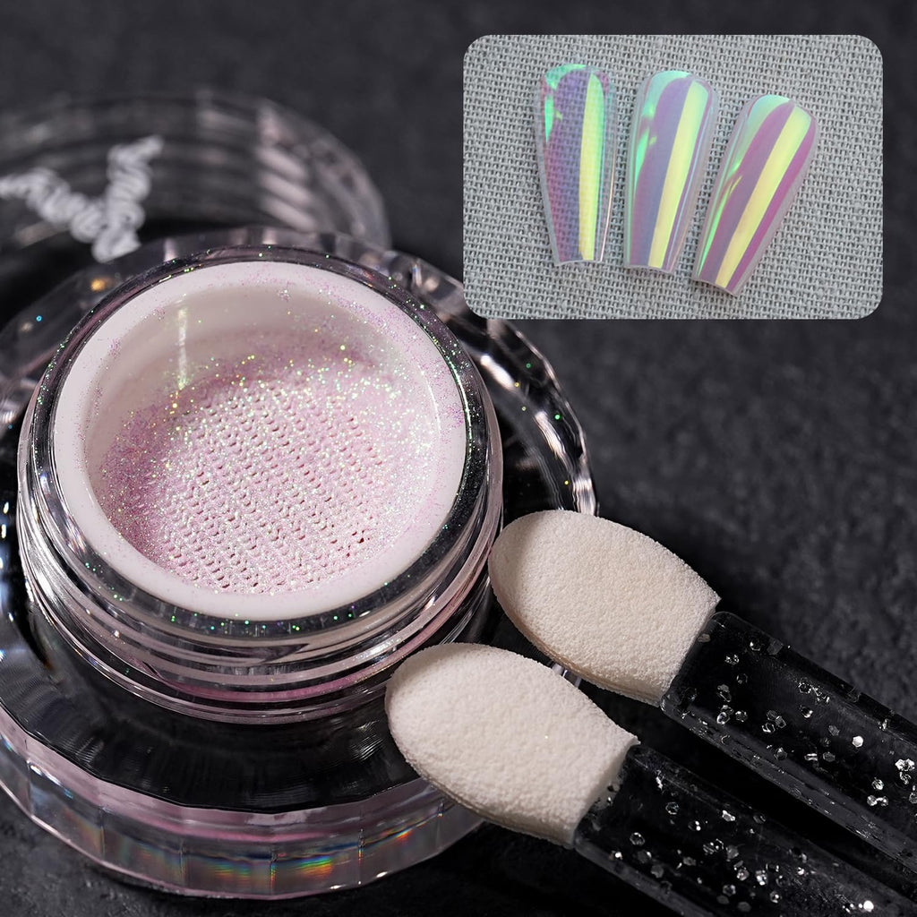 Yokefellow GleamTap Cushion Aurora Chrome Nail Powder -Mermaid Aurora Effect,Nail Art Glitter Decoration for Home DIY Salon Manicure (GT115 Ethereal/Pink Lilac with Gold Sheen)