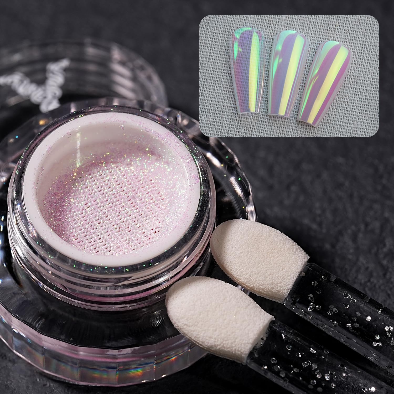 Yokefellow GleamTap Cushion Aurora Chrome Nail Powder -Mermaid Aurora Effect,Nail Art Glitter Decoration for Home DIY Salon Manicure (GT115 Ethereal/Pink Lilac with Gold Sheen)