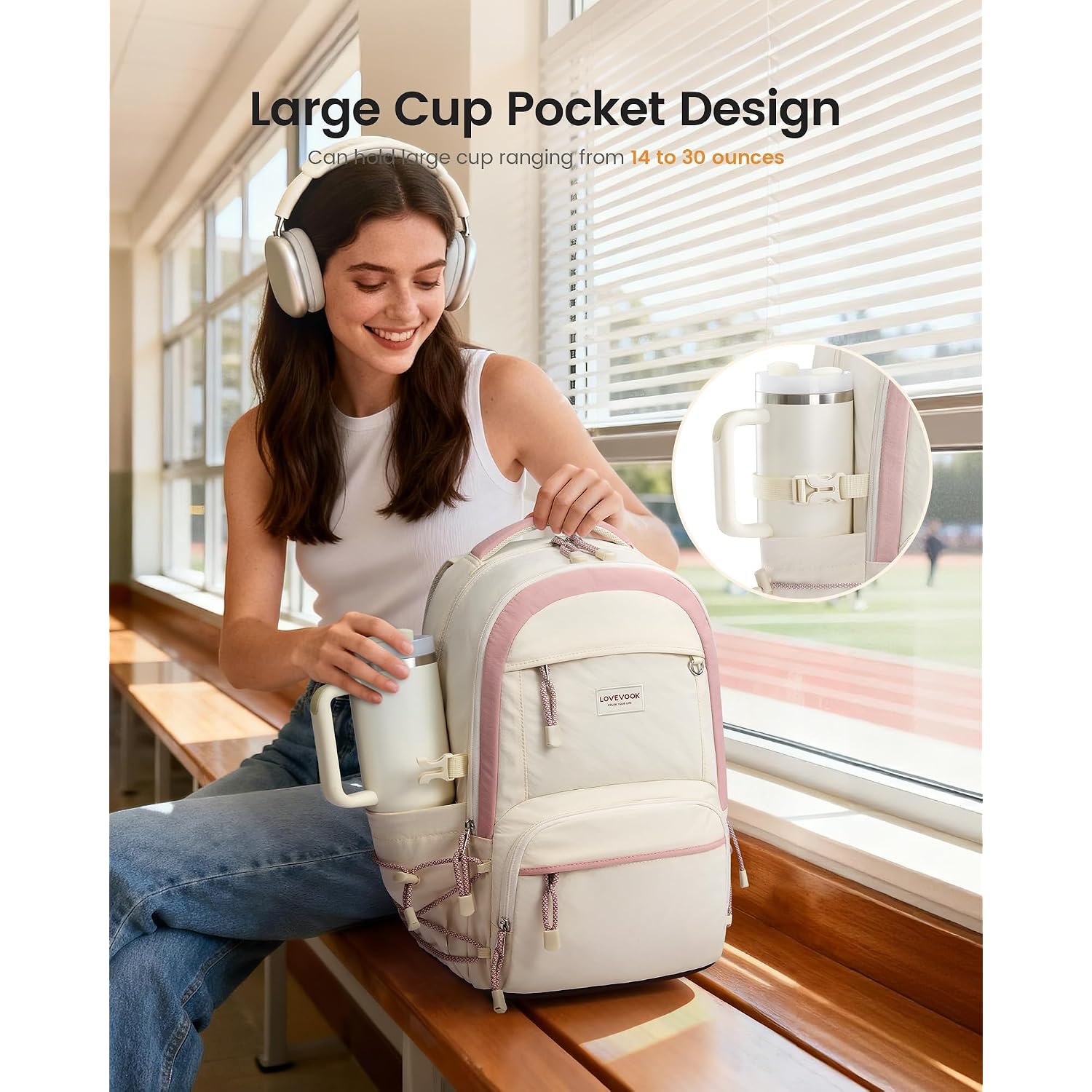 Lovevook School Backpack For Girls, 15.6 Inch Laptop Backpacks With Large Capacity Tumbler Holder, Lightweight College Bag For Women, Cute Travel Teen Bookbag Purse For Students,Off White-Pink