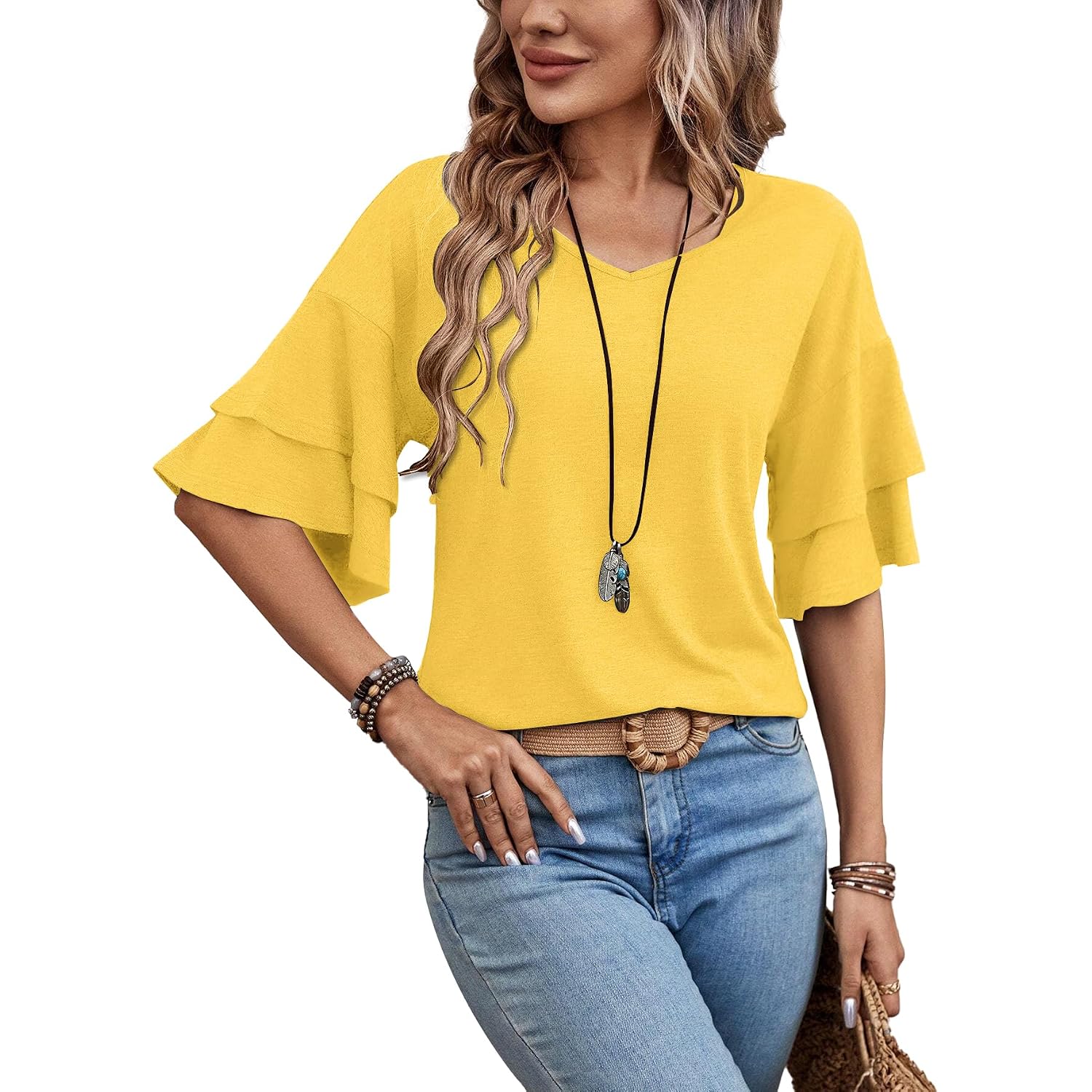Sialois Womens Blouses 3/4 Length Sleeve Tops Ruffle V Neck Shirts Casual Tunic Spring Fall Summer Fashion Work Clothes