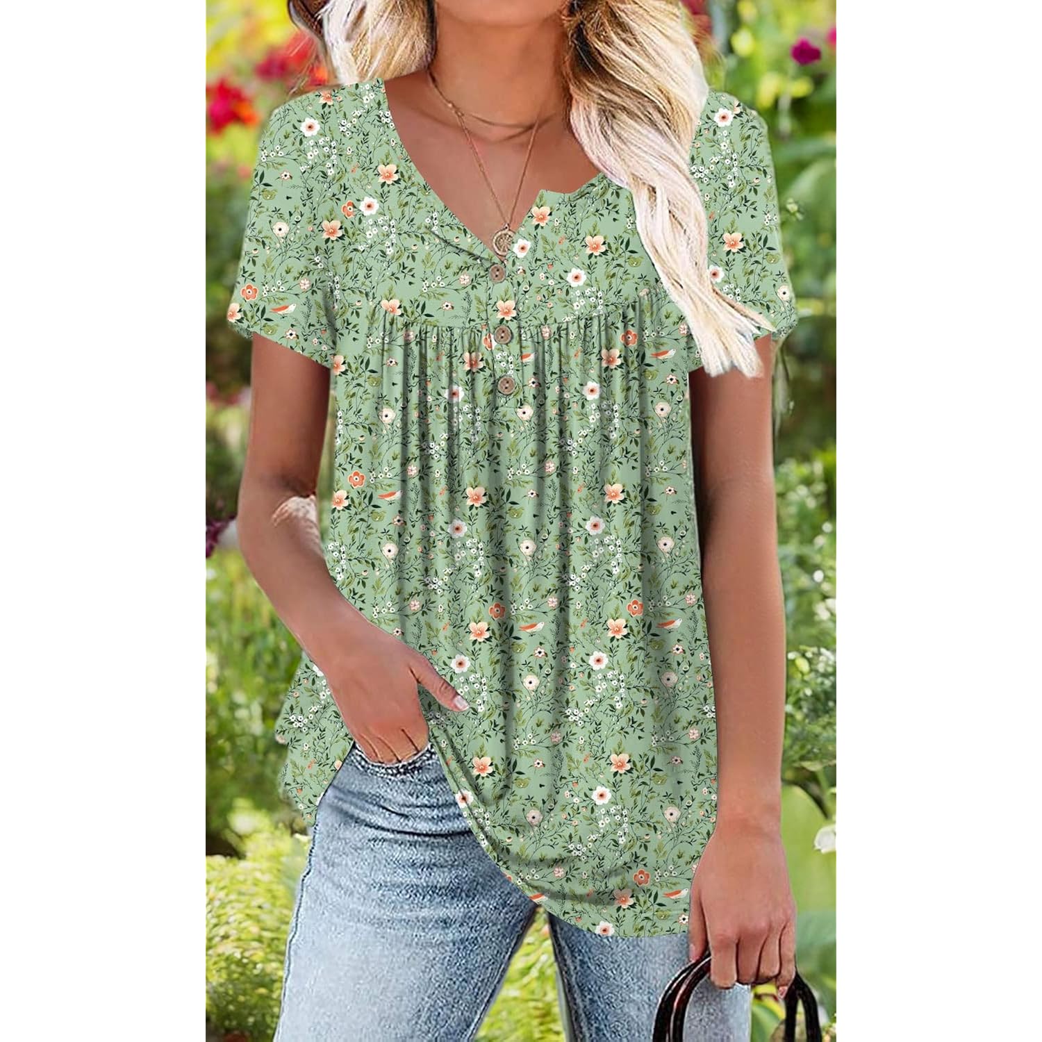 Women's Tunic Tops Short Sleeve Henley Pleated Blouse Loose Fit Summer Shirts for Leggings