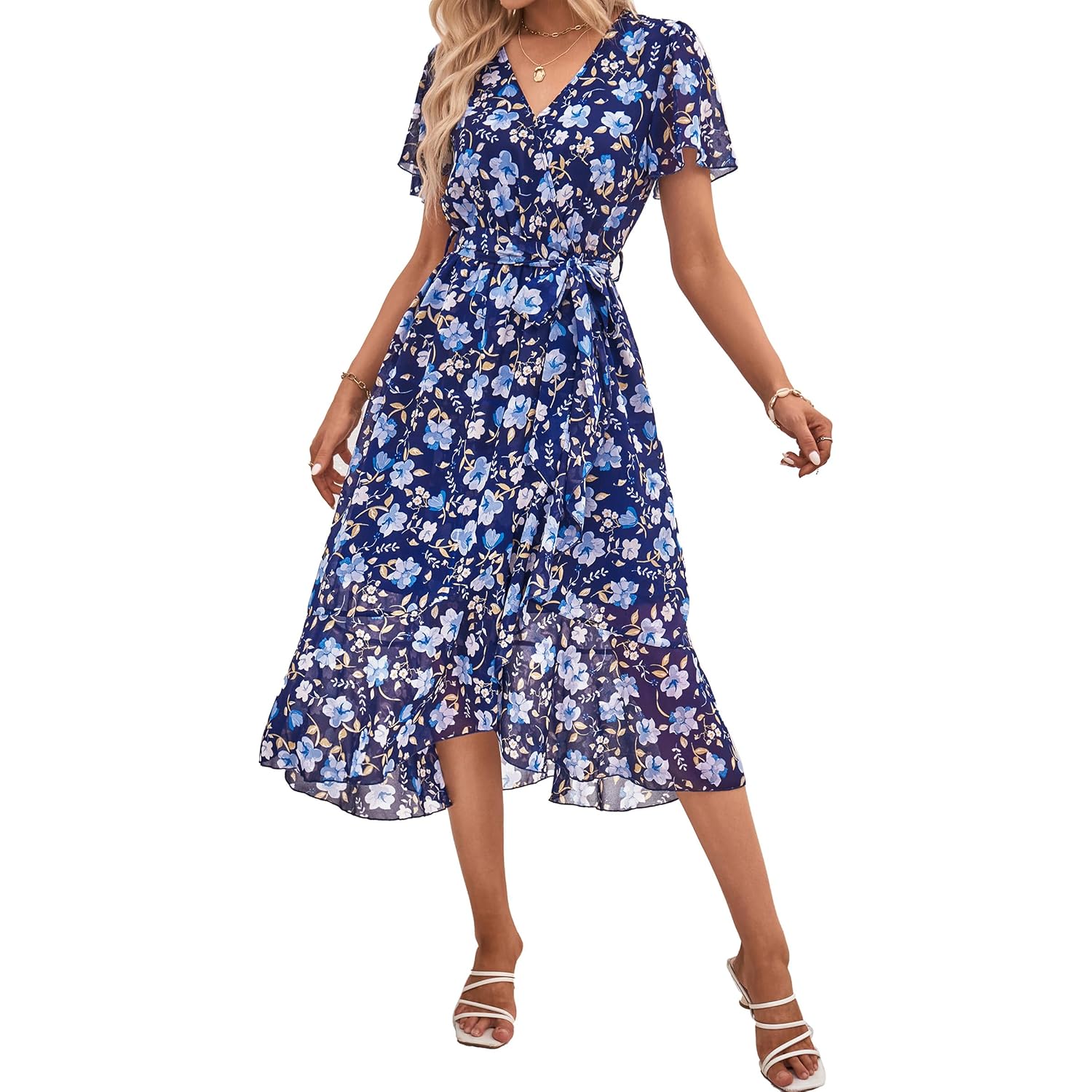 Prettygarden Women'S Summer Floral Boho Maxi Dress Short Sleeve Wrap V Neck Ruffle Long Flowy Beach Wedding Guest Dresses