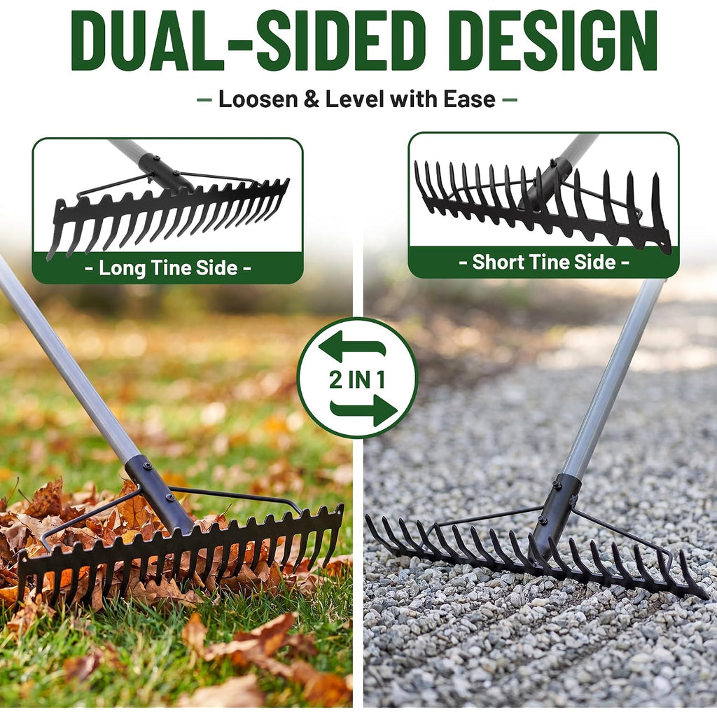 Walensee Heavy Duty Dual-Sided Bow Rake, 63" Stainless Steel Handle, Heat-Treated Manganese Steel Head, 17 Steel Tines Metal Garden Rake For Soil Loosening, Yard Leveling, Lawn Care And Thatch Removal