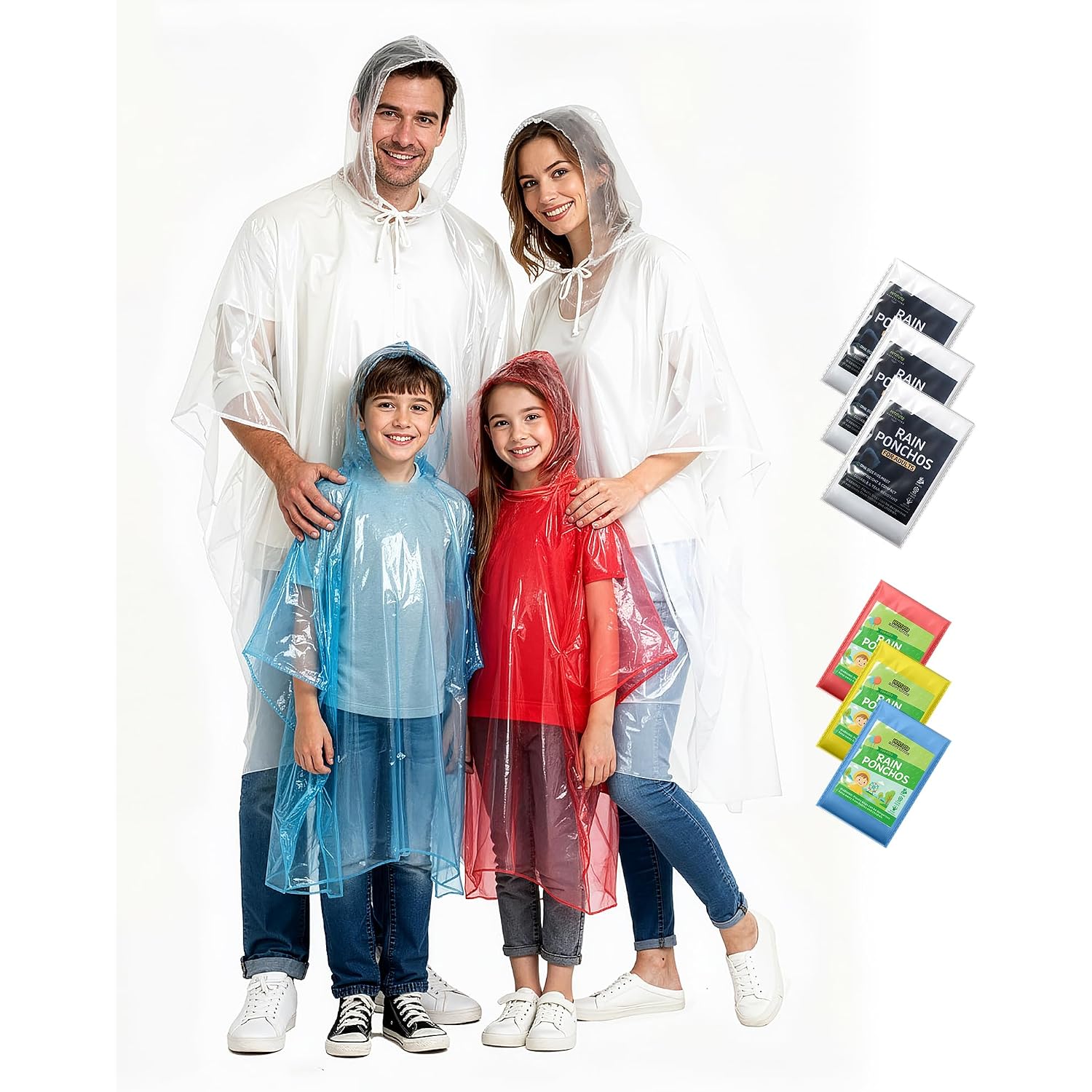 Rain Ponchos Family Pack Kids– 6/12/24 Pack Disposable Poncho With Hood, Clear & Assorted Colors, Home Survival Kits