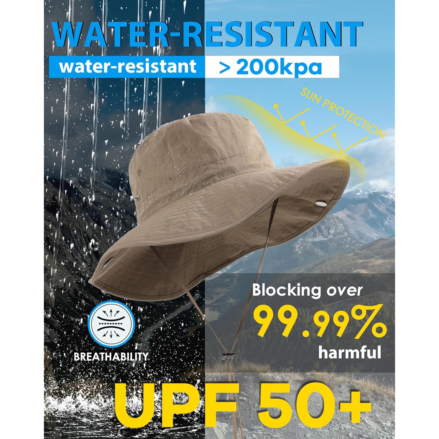 Waterproof Bucket Rain Hat for Women Wide Brim Summer UPF50+ Cowboy Sun Hat Men Foldable Soft Floppy Beach Hat