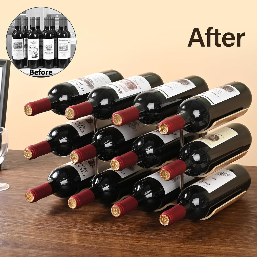 Countertop Wine Rack - 12 Bottle Freestanding Wine Bottle Holder Stand - 3 Tier Wooden Wine Storage Rack - Wavy Wine Organizer For Cabinet Pantry Home Kitchen Bar