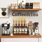 Thygiftree Coffee Syrup Rack Organizer 2-Tier 10 Syrup Bottles Holder Stand Metal With Wood Base For Coffee Bar Storage Shelves For Kitchen Countertop Matte Black