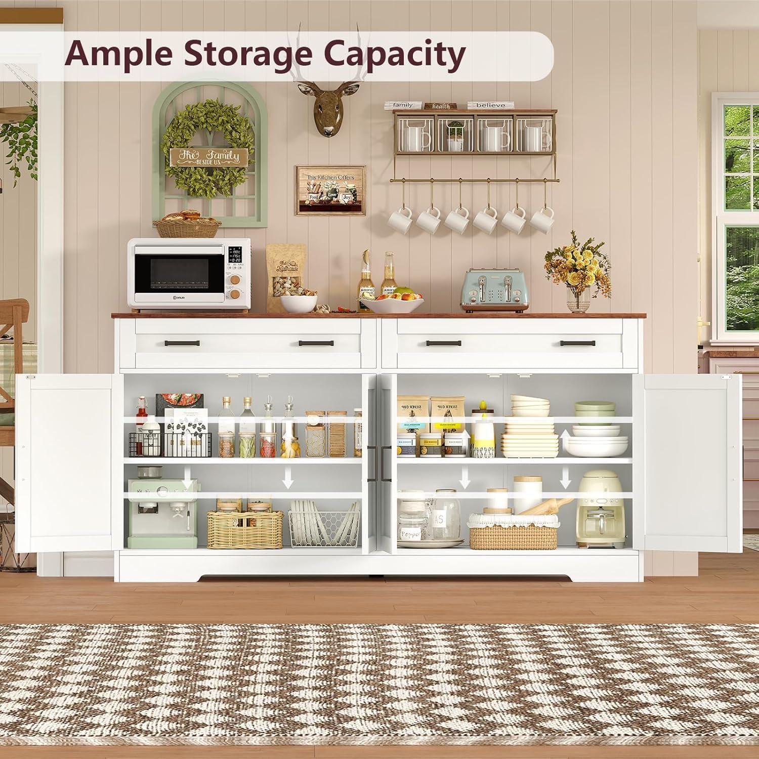 Usikey 55" Buffet Cabinet With Storage And Drawers, Large Sideboard Buffet Cabinet With Adjustable Shelves And Doors, Modern Coffee Bar For Kitchen, Living Room, White