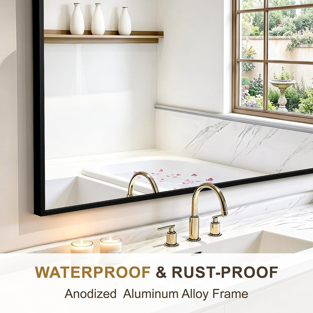 Rectangular Bathroom Mirror, 55"X30" Black Metal Framed Vanity Mirror, Hd Shatterproof Wall Mirror, Horizontal Or Vertical Hanging, Easy Installation For Bathroom, Bedroom, Living Room, Entryway