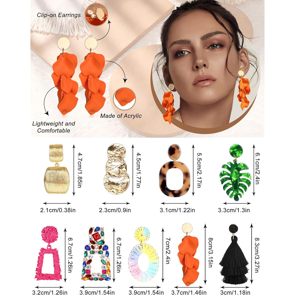 JeryWe 9 Pairs Clip on Earrings for Women Fashion Rattan Acrylic Tassel Drop Dangle Earrings Set Lightweight Geometric Statement Bohemian Clip Earrings for Non Piercied