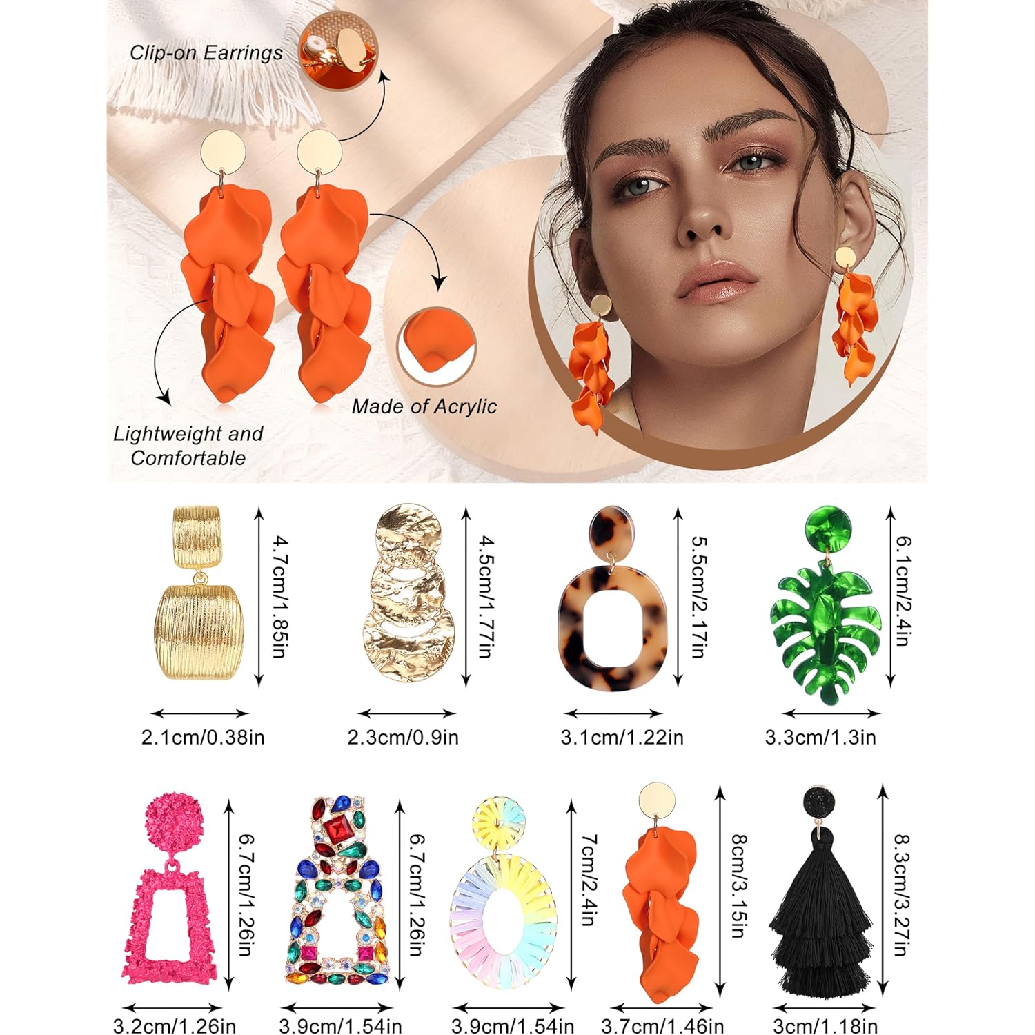 JeryWe 9 Pairs Clip on Earrings for Women Fashion Rattan Acrylic Tassel Drop Dangle Earrings Set Lightweight Geometric Statement Bohemian Clip Earrings for Non Piercied