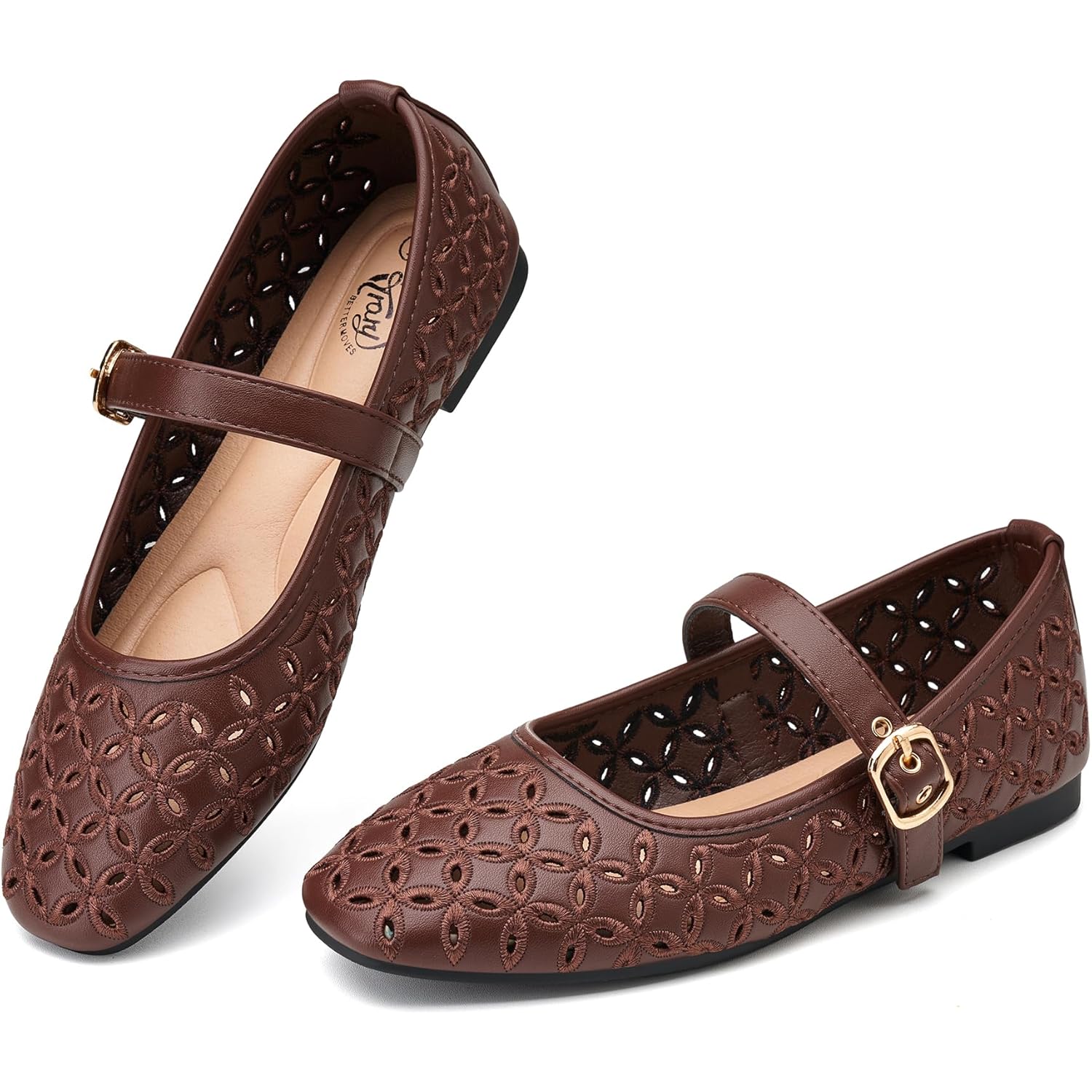 Trary Mary Jane Shoes Women, Hollow Flats for Women, Ballet Flats Shoes Round Toe Mary Jane Flats, Ankle Strap Spring Summer Shoes Dressy Comfortable