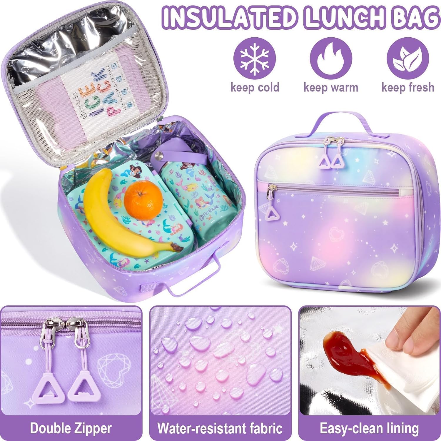 Fimibuke Kids Backpack For School Girls, Waterproof Backpack W/Lunch Box | 3Pcs Lightweight Kids Galaxy Bookbag W/ Lunch Box Combo Set, Cute Backpack For Girls Ages 6+ Elementary Middle School Teens