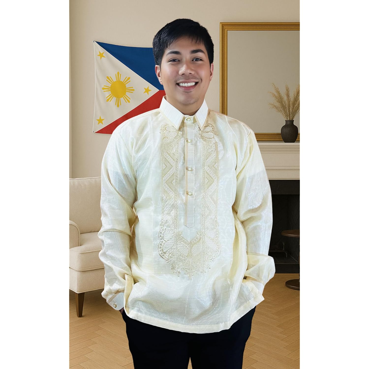 Barong Tagalog For Men, Long Sleeve Traditional Filipino Shirt, Organza With Pina Embroidery - Us Size