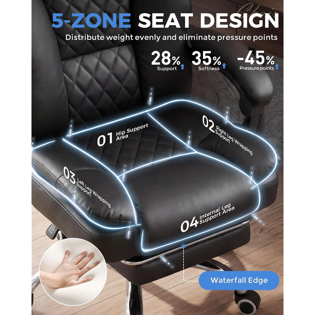 Gtplayer Executive Office Chair Big And Tall Leather Gaming Chair With Pocket Spring Cushion & Ergonomic Lumbar Support For Lower Back Pain Relief, Comfy Desk Chair With Footrest, Matte-Black
