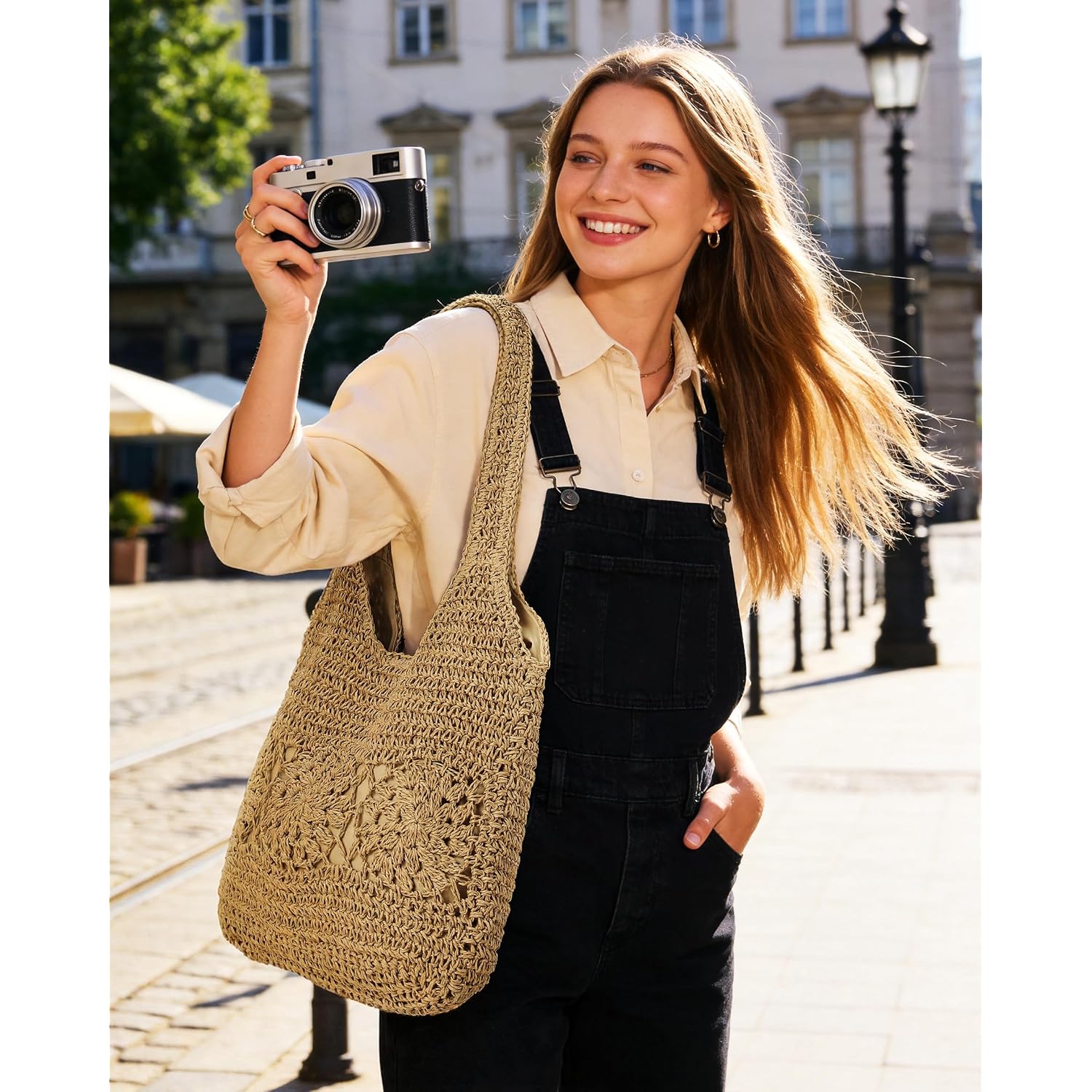 Beach Bag, Straw Beach Bags For Women, Floral Designed Beach Tote Lightweight Foldable Straw Bag