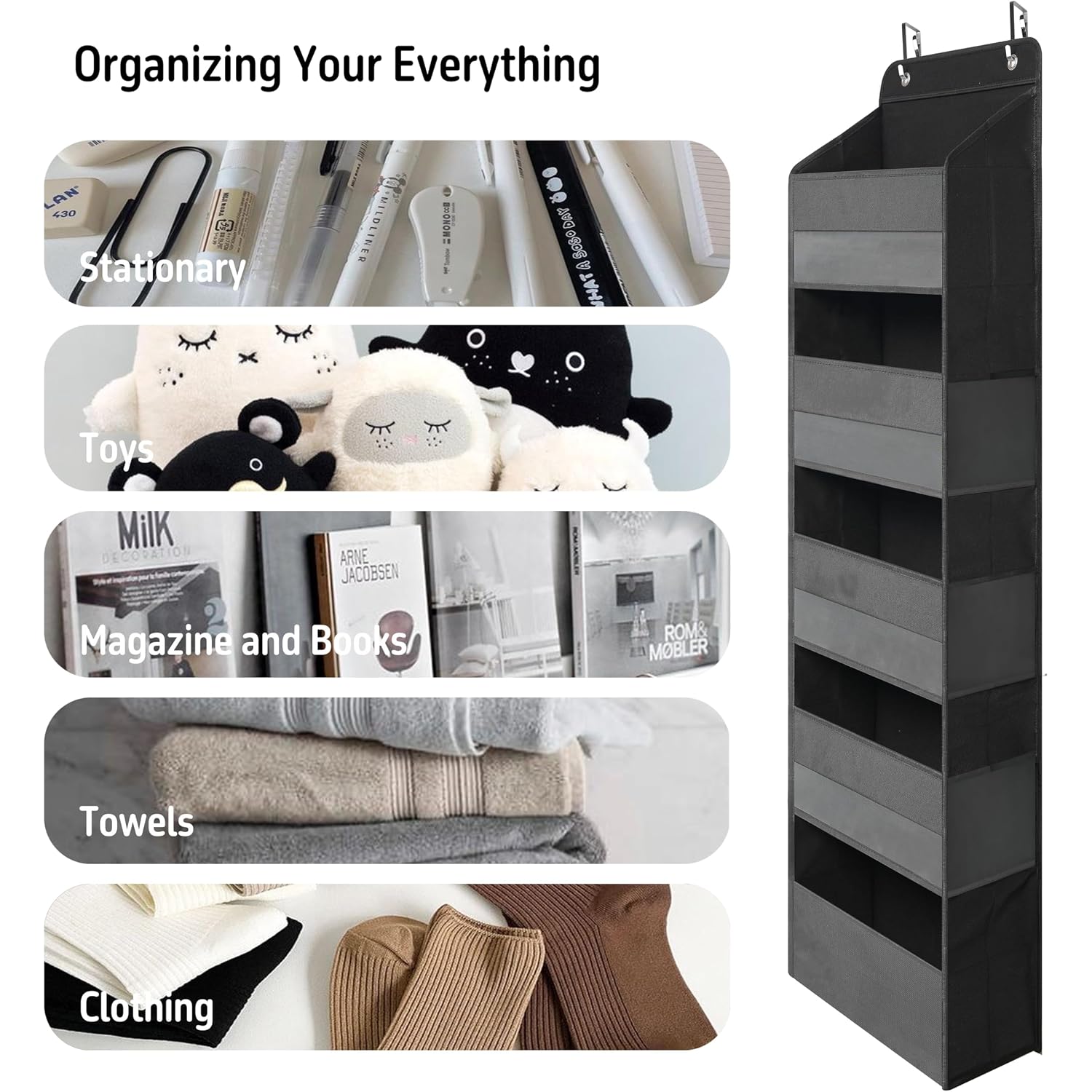 Tymensh Black Over Door Organizer With 5 Large Clear Pockets And 6 Side Mesh Pockets, Anti-Tilt Hanging Door Storage For Closet, Bathroom, Nursery, Bedroom, Dorm, Toys, Cosmetics