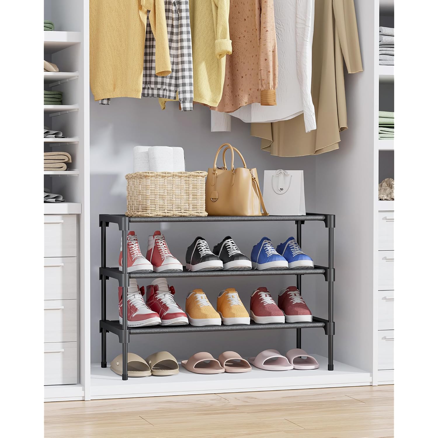 Kitsure Shoe Rack - Non-Woven Shoe Rack Shelf, Shoe Organizer For Closet, Entryway, Garage & Corridor, Stackable Shoe Shelves, 27.5" Wide - 3 Tier, Black