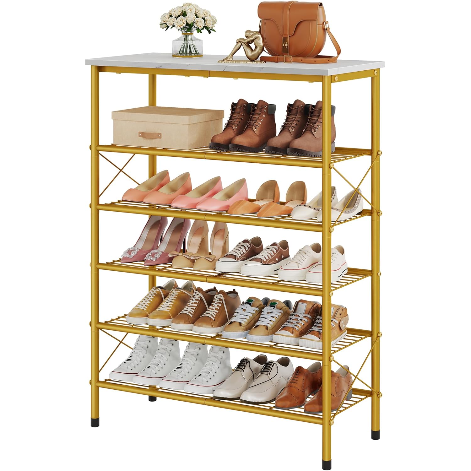 Tajsoon 6 Tier Shoe Rack Organizer for 20-24 Pairs of Shoes, Metal Mesh Shoe Shelf for Closet, Industrial Shoe Rack for Entryway Shoe Storage with X Shape Fixed Frame, White & Gold