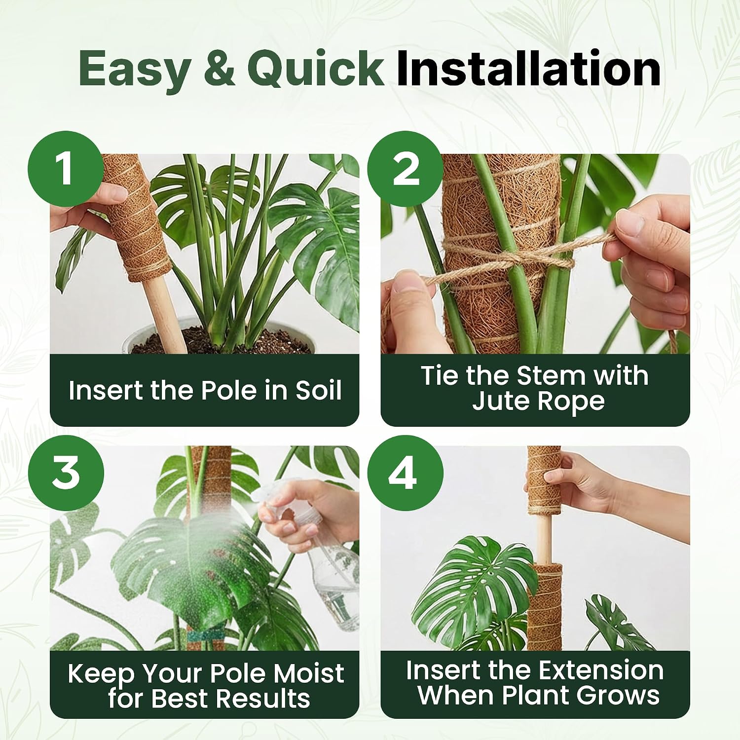 4 Pack 16" Moss Pole Monstera Plant Support - Stackable Up To 48" - Plant Stakes For Indoor Climbing Plants Potted - Tall Coco Coir Pole Sticks & Accessories For Monstera, Pothos & Philodendron
