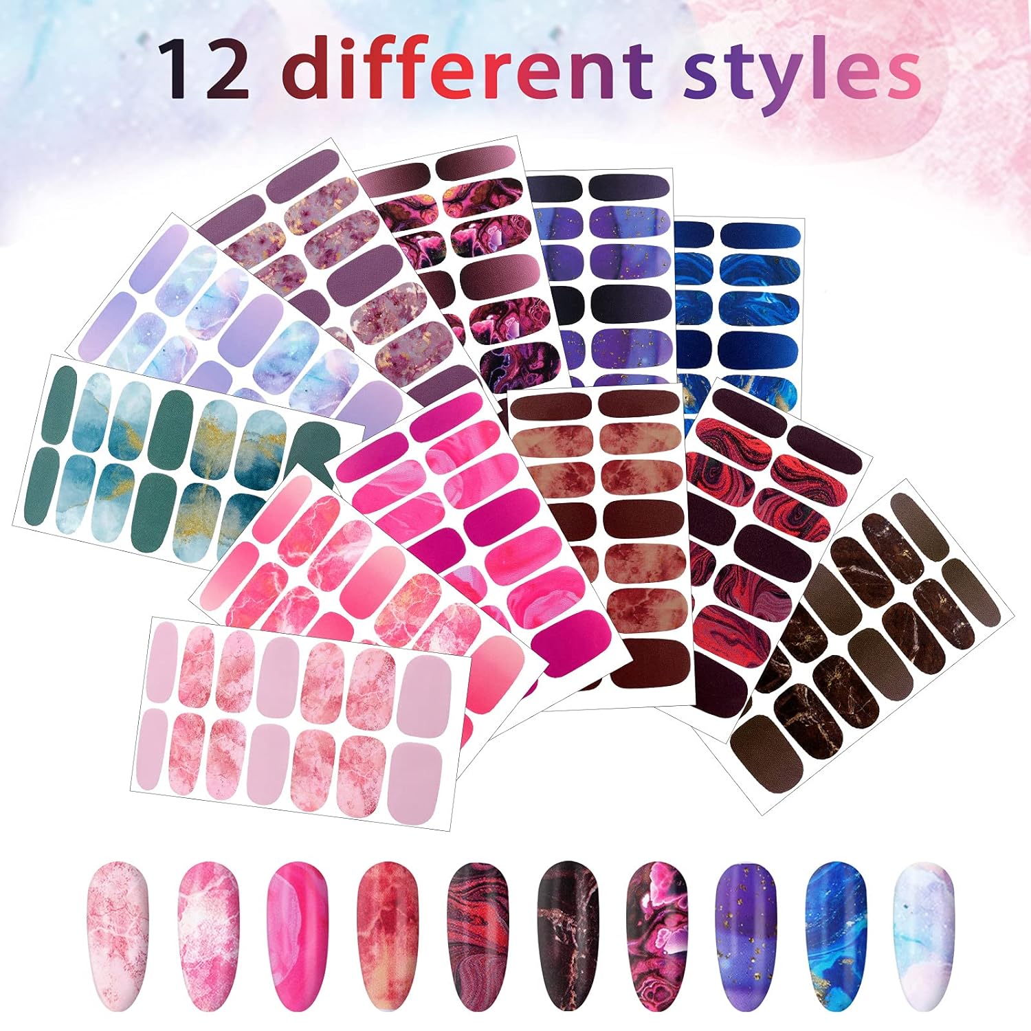 Maitys 168 Pcs 12 Sheets Full Wrap Nail Stickers Polish Strips Gradient Stickers Glitter Self Adhesive DIY Gel Nail Strips Decals with 1 Pcs Fingernail Files for Holiday Decor(Lovely Style)