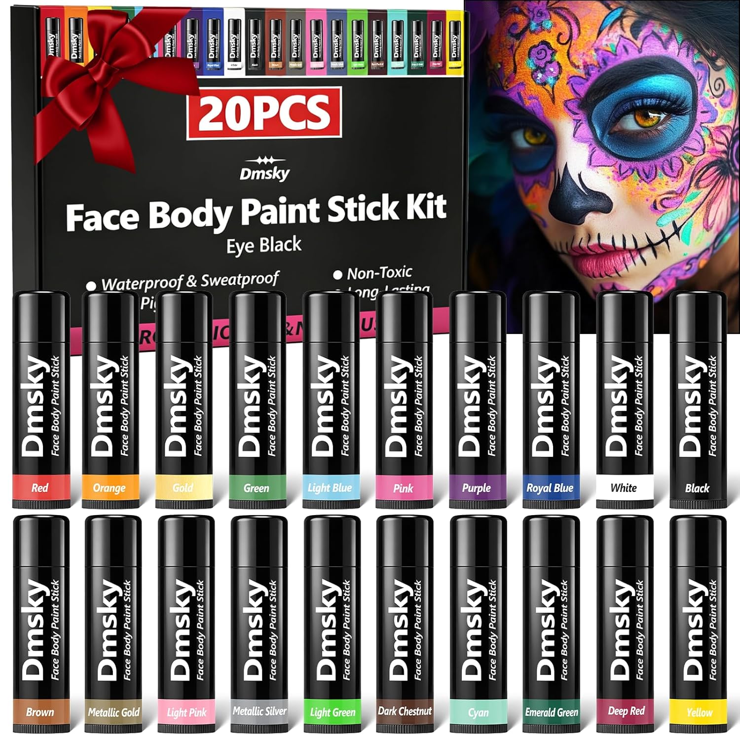 Dmsky 20 Packs Eye Black Sports Stick for Football, Baseball, Softball-Anti-Glare Face Body Paint Stick Kit,Water-Proof Eye Sports Paint Sticks,20 Color Eyeblack Painting Kit for Athletes & Fans